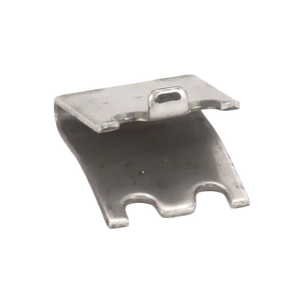 A stainless steel shelf snap clip for securing shelving units.