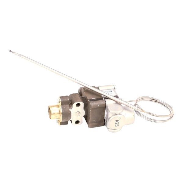 A metal thermostat component with an attached temperature probe and coiled sensor wire, designed for a griddle.