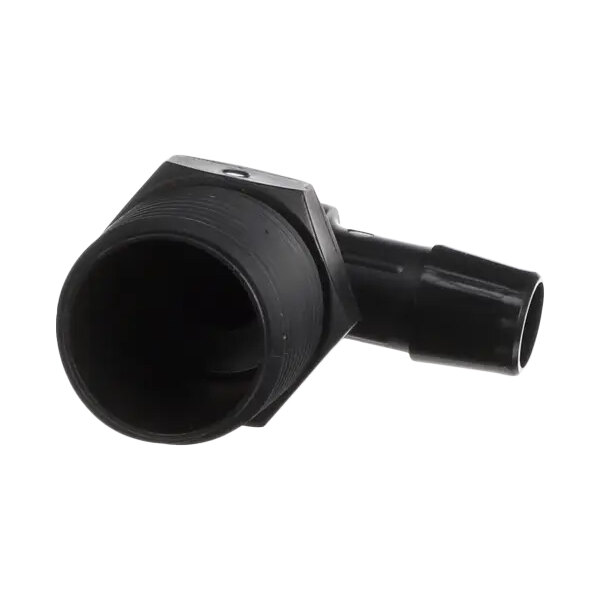 An Ice-O-Matic black plastic elbow fitting with a 3/4 inch male pipe thread and a 1/2 inch outlet.