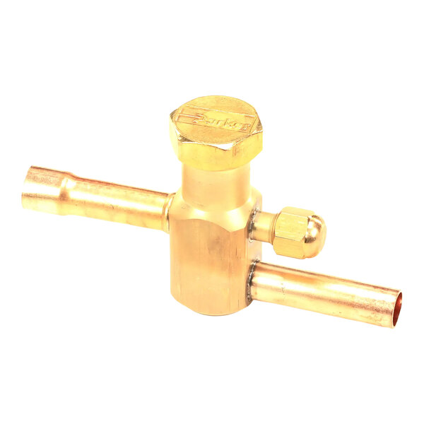 A brass valve base component for Ice-O-Matic equipment.