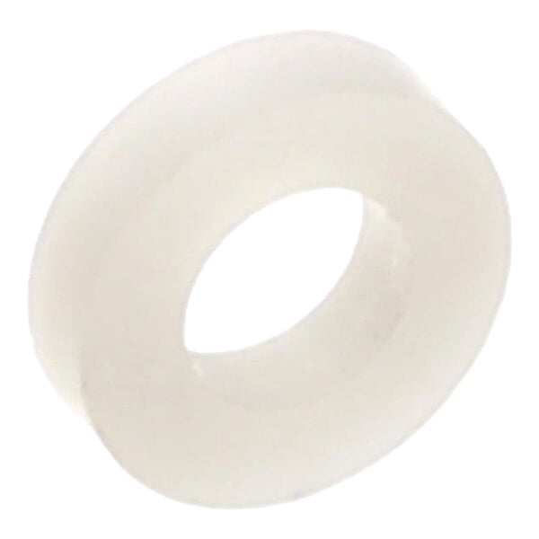 A white nylon spacer with a central hole, used for mechanical or electronic assembly.