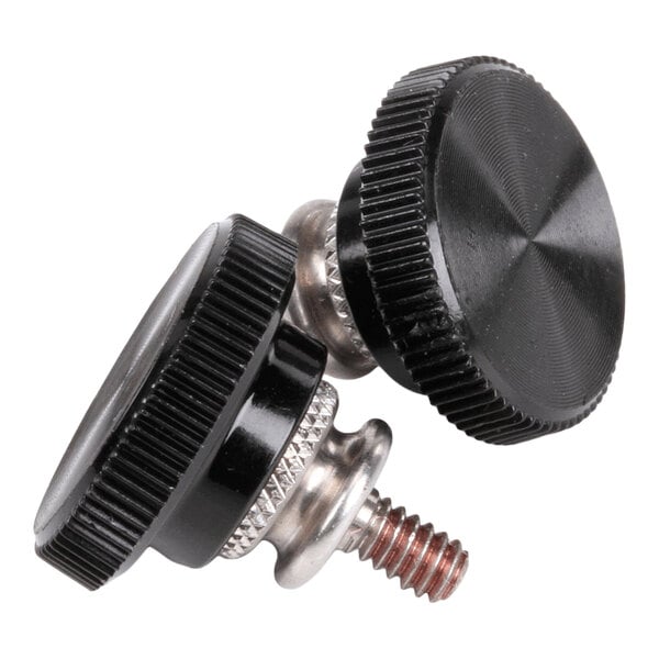 A pair of black and silver Vitamix thumb screws used for securing blender components.
