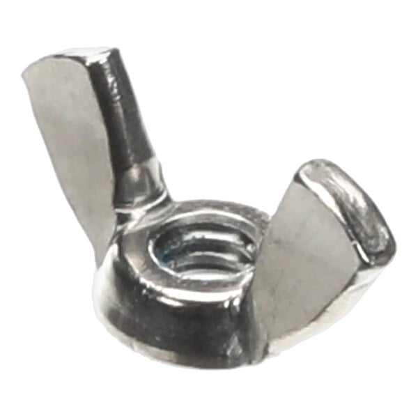 A metal wing nut with a 1/4-20 thread and nylon insert.