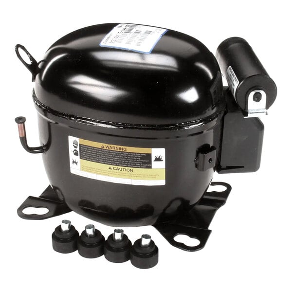 A black Randell RF CMP1602 compressor with a 1/2 horsepower rating for use with R-404A refrigerant, shown with four mounting grommets.
