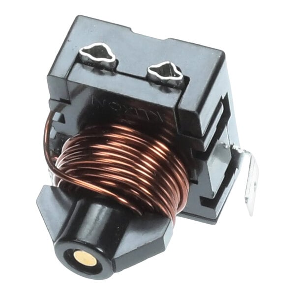 A black relay component with a copper coil, used in refrigeration or compressor systems.