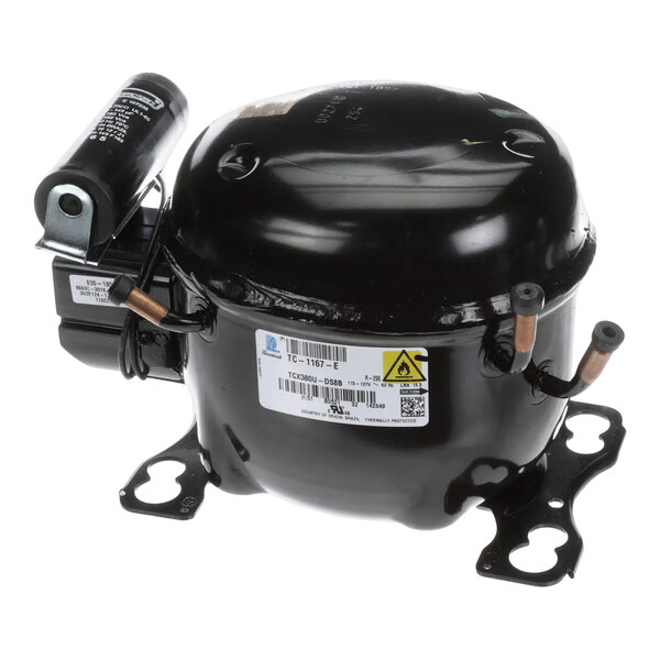 A black Delfield refrigeration compressor for R290 refrigerant, 0.20 horsepower, 115V.