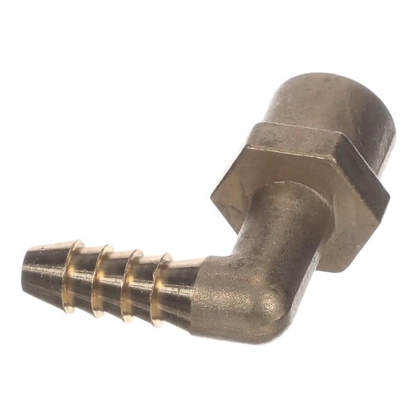An angled brass elbow fitting with a barbed end and a threaded end, used for connecting tubing in Ice-O-Matic equipment.