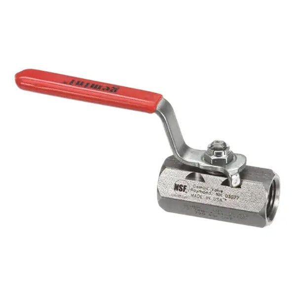 A metal ball valve with a red handle, used for controlling the flow of liquids or gases.