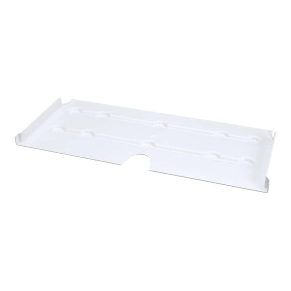 A white rectangular plastic evaporator cover with raised edges and a central notch.