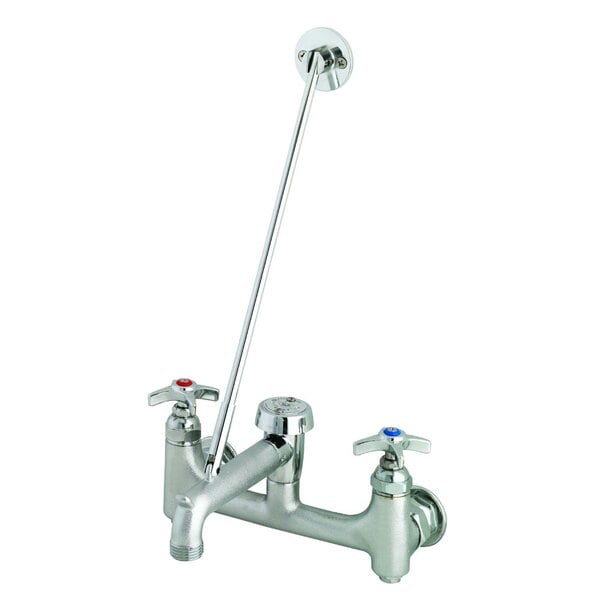 A T&S chrome wall mount faucet with two handles.