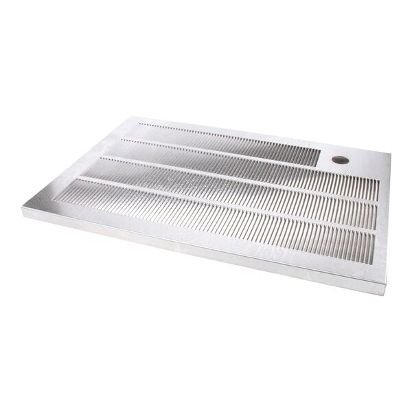 A rectangular metal louvered panel with multiple slotted vents and a circular cutout.