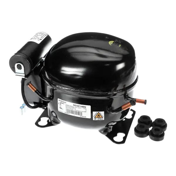 A black Embraco refrigeration compressor with mounting hardware, used for cooling applications.