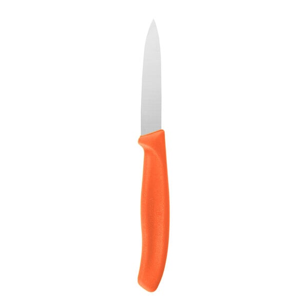 A small paring knife with a tangerine orange handle and a straight stainless steel blade.
