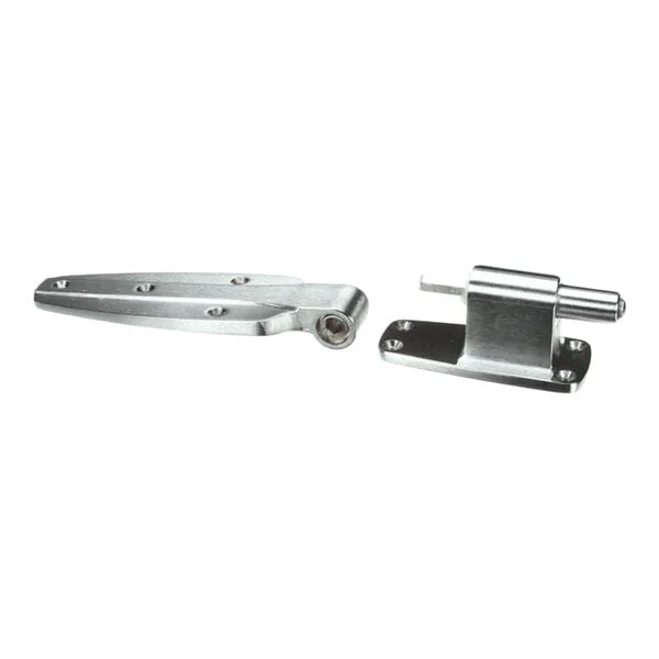 A metal offset spring-loaded hinge set with mounting holes, designed for doors or panels.