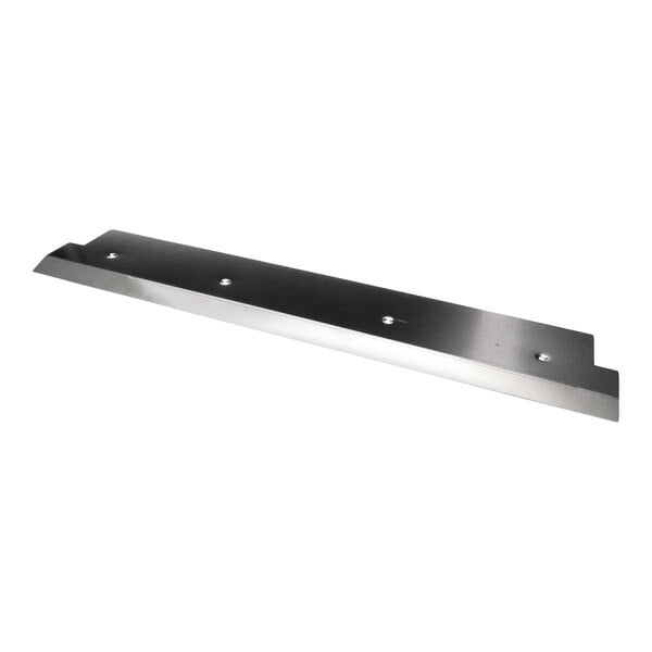 A stainless steel threshold plate with four screw holes, measuring 7.5 by 38 inches.