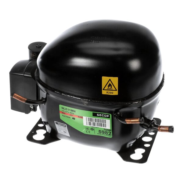 A black Secop NLE11MN refrigeration compressor for R290 refrigerant.