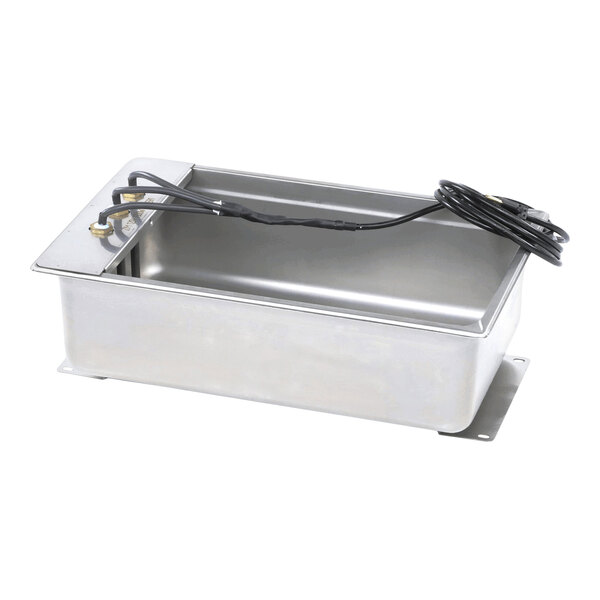 A full size stainless steel condensate pan with attached electrical wiring.