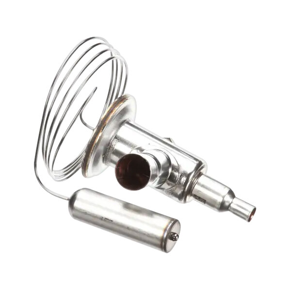 A metal expansion valve for refrigeration systems with a coiled sensing bulb and inlet/outlet ports.