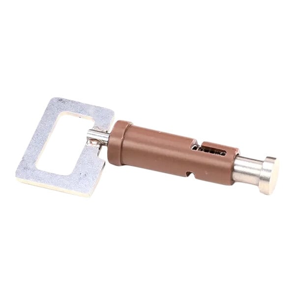 A metal assembly valve pincher with a rectangular handle and cylindrical body.