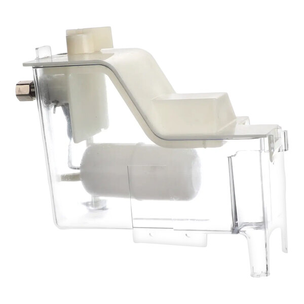 A clear plastic Ice-O-Matic reservoir valve with a white cover and internal float mechanism.