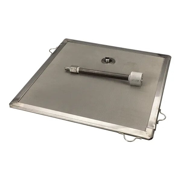 A square metal filter assembly with a mesh center and attached fitting, designed for use in commercial fryers.