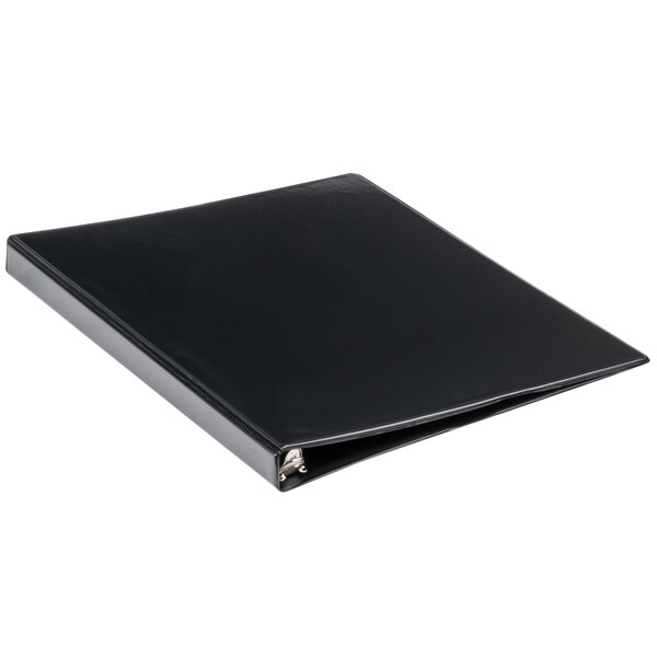 A black three-ring binder with a smooth cover.
