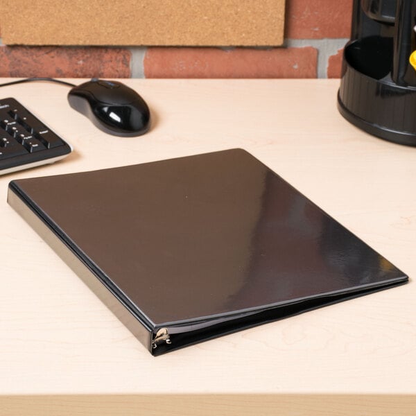 A black economy view binder with 1/2 inch round rings.