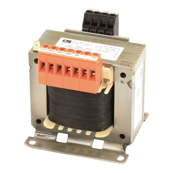 A metal-cased electrical transformer with multiple orange terminal connectors and a black coil, used in industrial or commercial equipment.