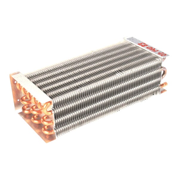An evaporator coil unit with copper tubing and aluminum fins, designed for refrigeration systems.