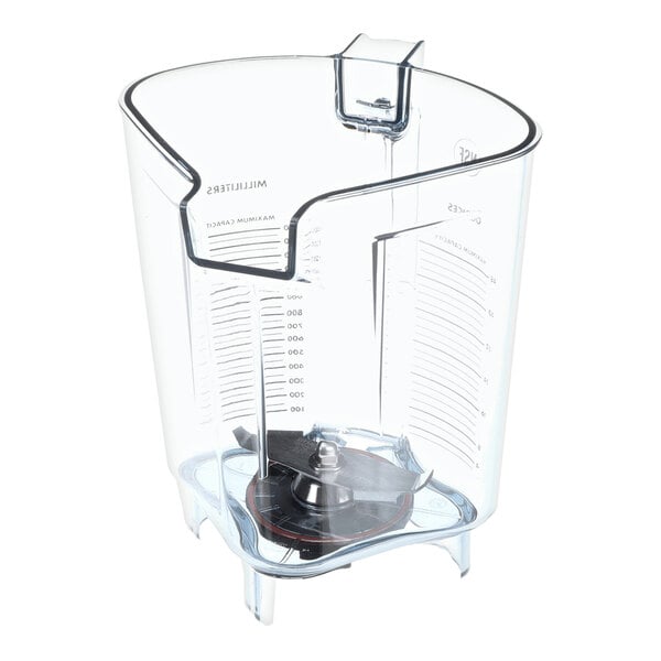 A clear 48-ounce Vitamix blender container with measurement markings and an integrated blade, shown without a lid.