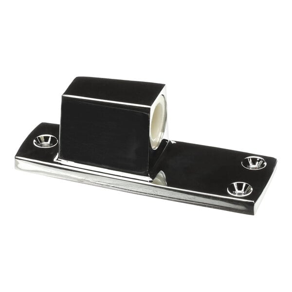 A chrome-plated metal bracket with a rectangular base and three screw holes, designed for mounting purposes.
