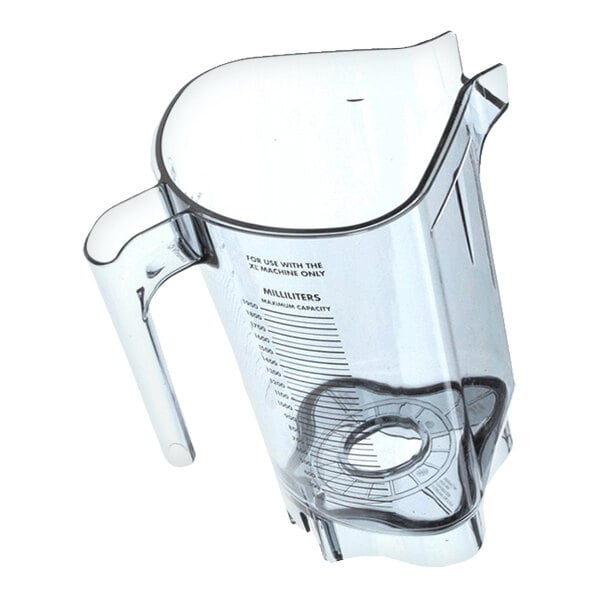 A clear plastic 64-ounce Vitamix blender container with measurement markings and a handle.