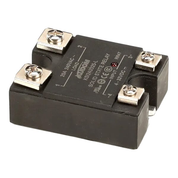 A black Dinex solid state relay rated for 240V and 25 amps with four screw terminals.