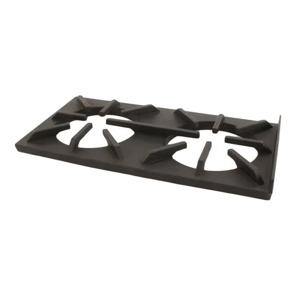 A rectangular cast iron stove top grate with two circular burner openings.