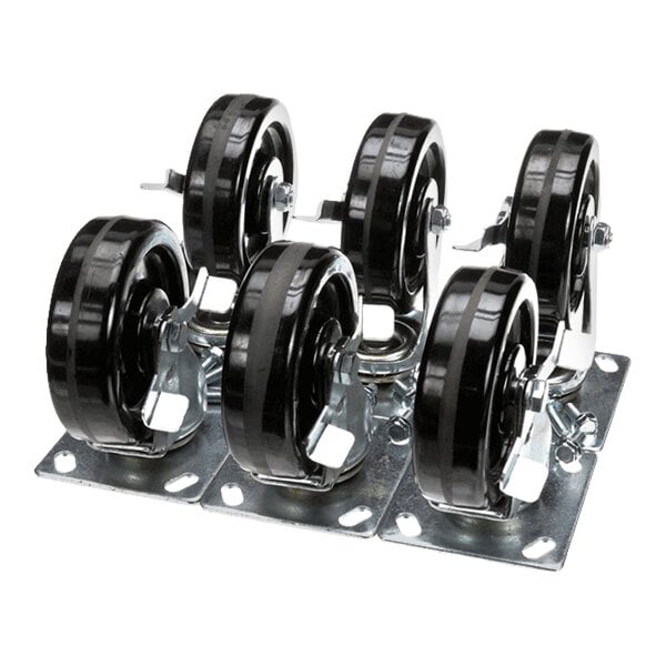 A set of six black and silver plate casters for equipment or furniture.