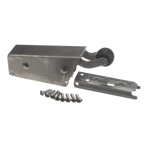 A stainless steel concealed mount door closer with mounting plate and screws.