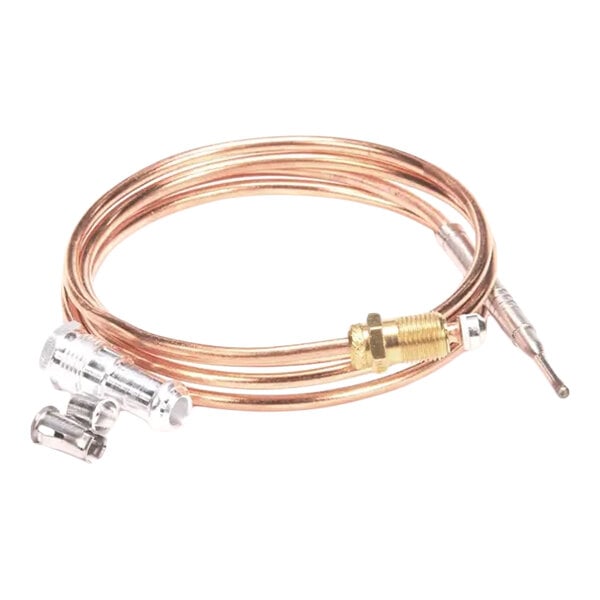 A coiled copper thermocouple with metal fittings on each end.