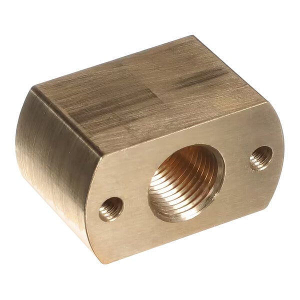 A brass fitting drop adapter with a central threaded hole and two smaller side holes.