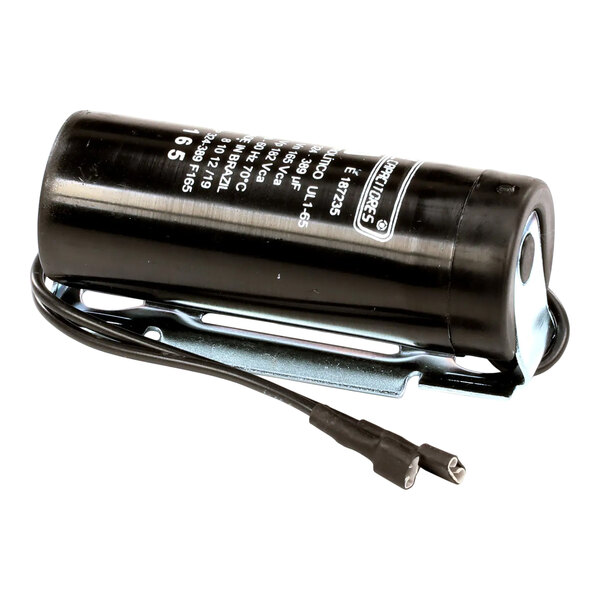 A black cylindrical start capacitor with attached wires and mounting bracket, used for compressors.