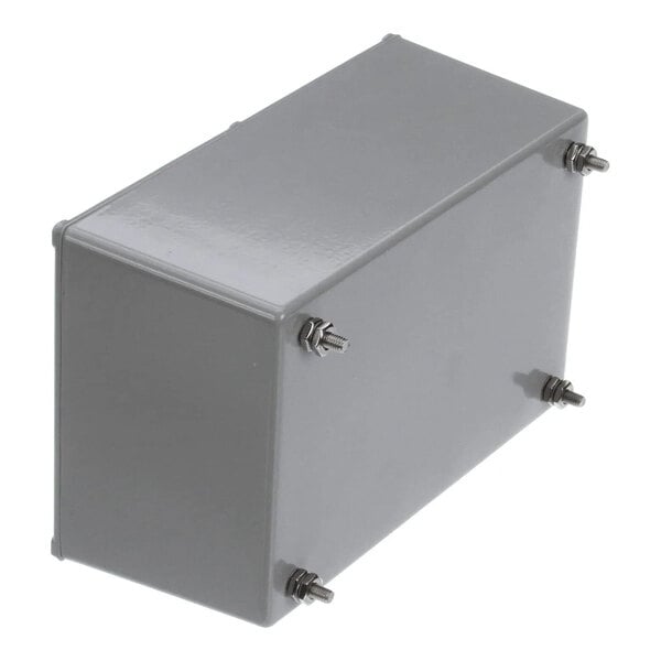 A gray rectangular power distribution box with four screws on the front panel.