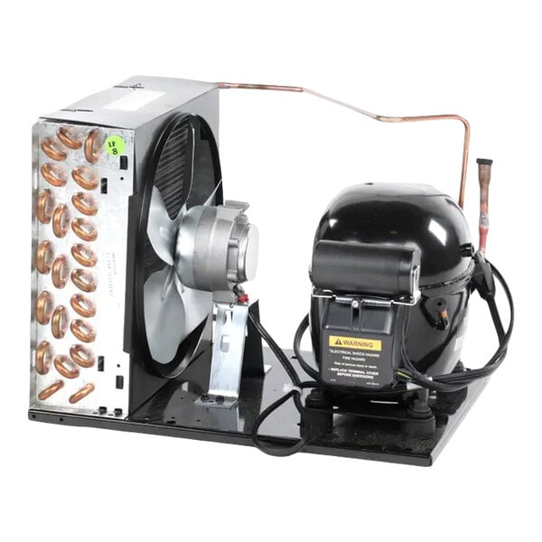 A refrigeration condensing unit with a fan, compressor, and copper tubing mounted on a metal base.