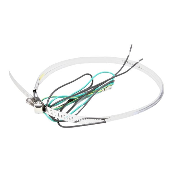 A crankcase heater with attached wires and a metal band, used for refrigeration equipment.