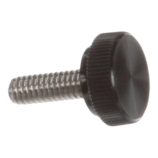 A metal screw with a knurled, round black head.