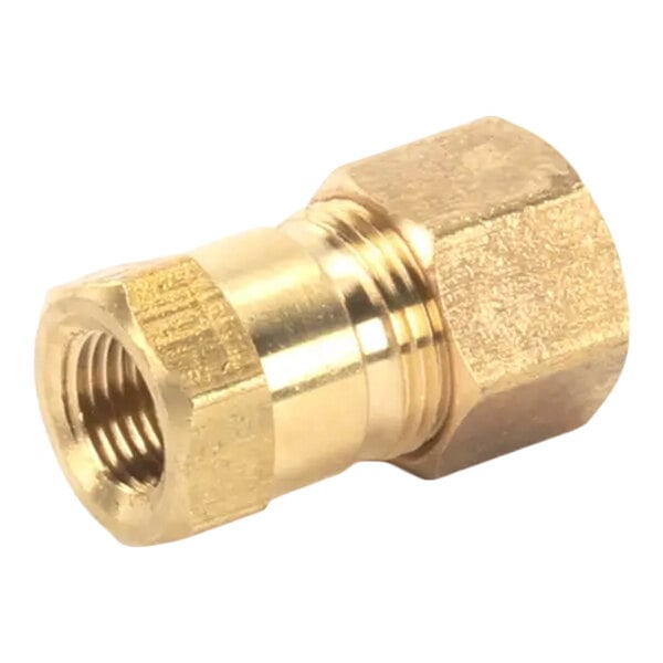 A brass straight adapter fitting for connecting a valve to a tube.