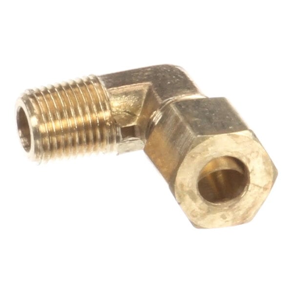 An angled brass elbow fitting with a 1/4 inch compression connection and a 1/8 inch male NPT thread.
