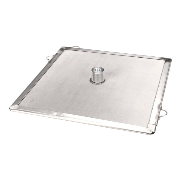 A square metal filter with a center feed and handles on the sides.