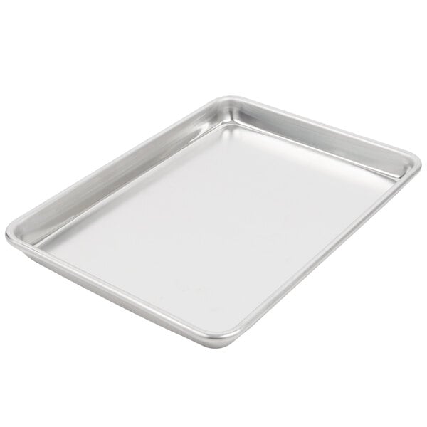 A quarter size aluminum bun or sheet pan with a curled rim.