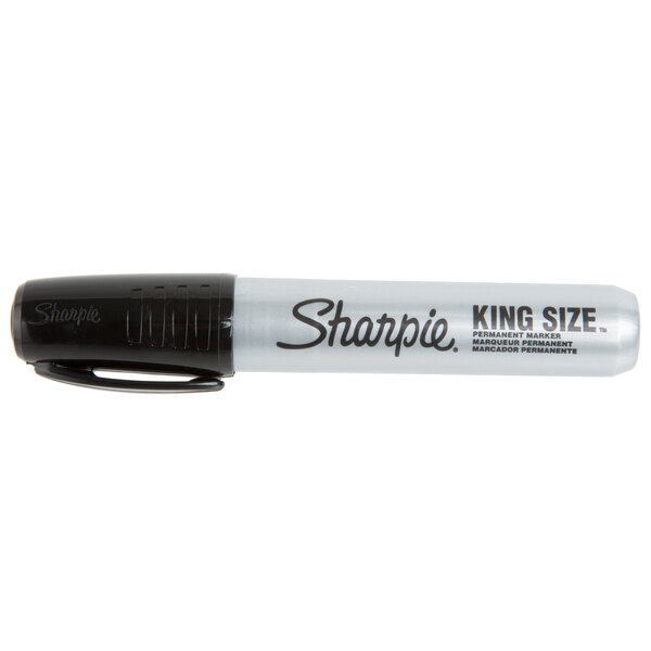 A Sharpie King Size black chisel tip permanent marker with a black cap.