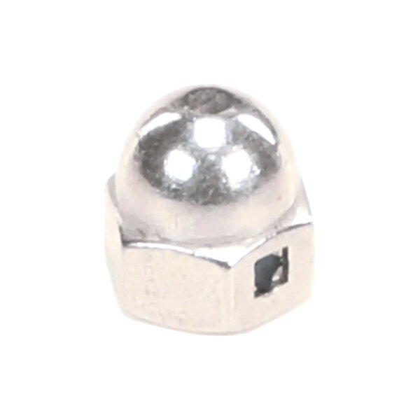 A metallic cap nut with a self-locking feature, designed for 1/4-20 threads.