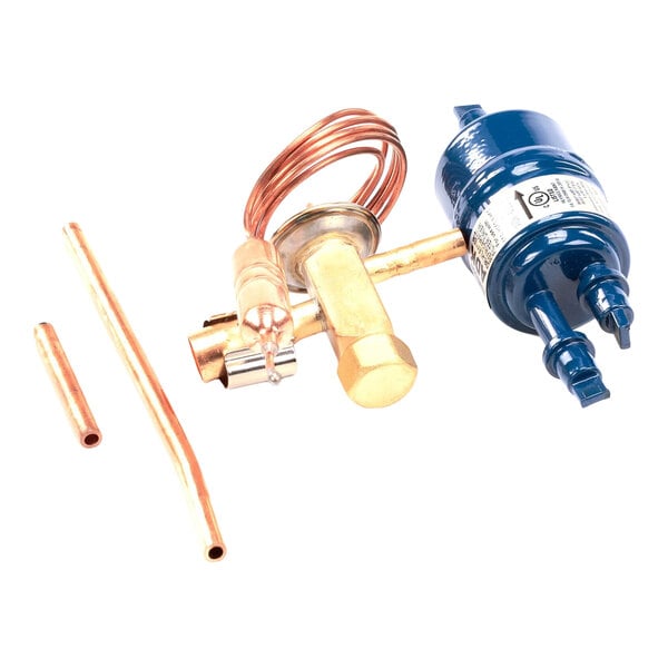 A thermo expansion valve service kit with copper tubing and a blue filter drier, designed for refrigeration systems.